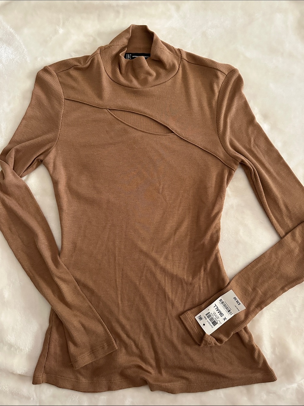 INC International Concepts Camel Ribbed Long-Sleeve Mock Neck Top